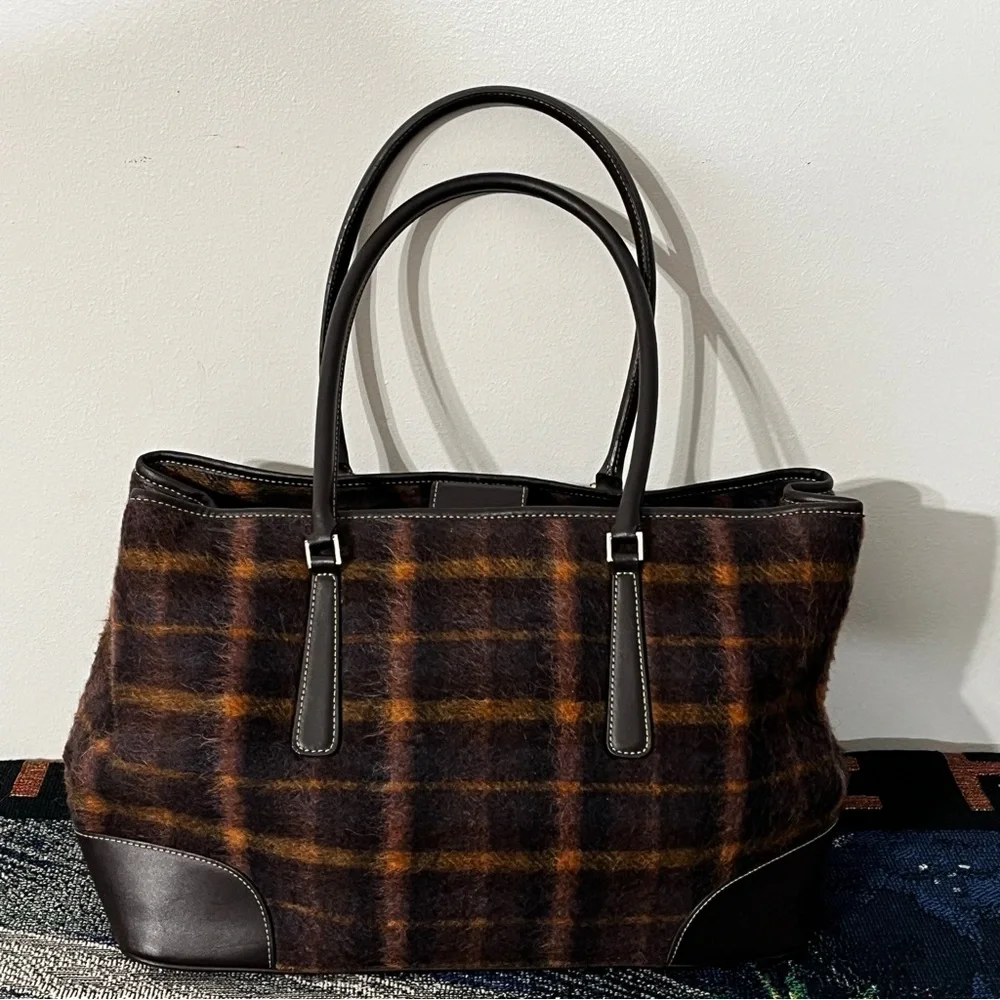 Lord & Taylor Wool Checkered Leather Trim Satchel - Picture 3 of 7